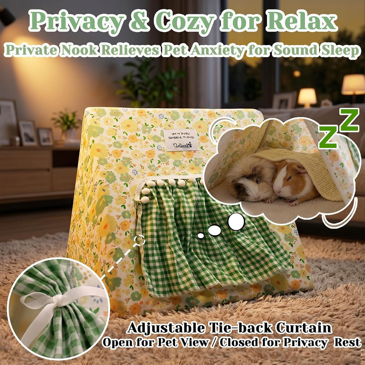 Jenvd Guinea Pig Hideout Large with Curtain - Flower / Large - image 3
