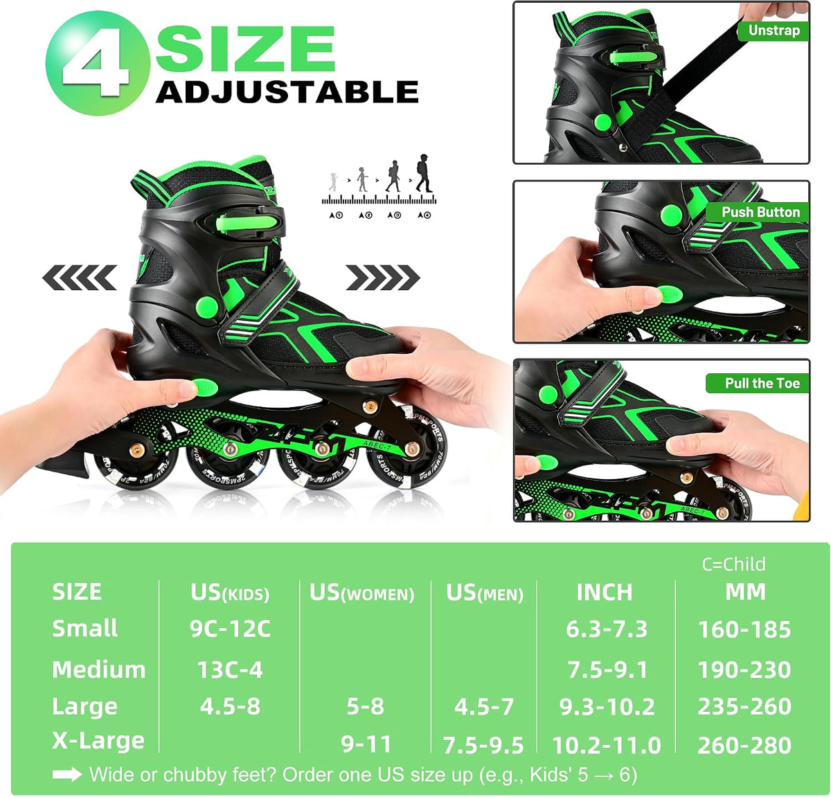 2PM SPORTS Adjustable Inline Skates for Kids, Youth and Adults – Fun for Kids & Family - A Green / Large - Youth (4.5-8 US) - image 3