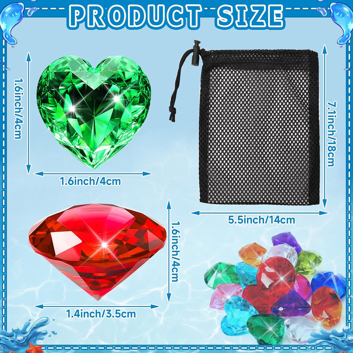 MARFOREVER pool dive gems, 8 diamond and 8 heart shaped acrylic gems with storage bag - view 7