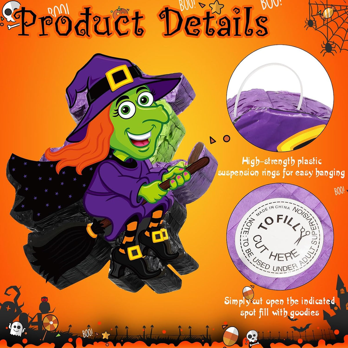Aoriher Halloween skull piñata with bat stick, blindfold and square confetti - view 31