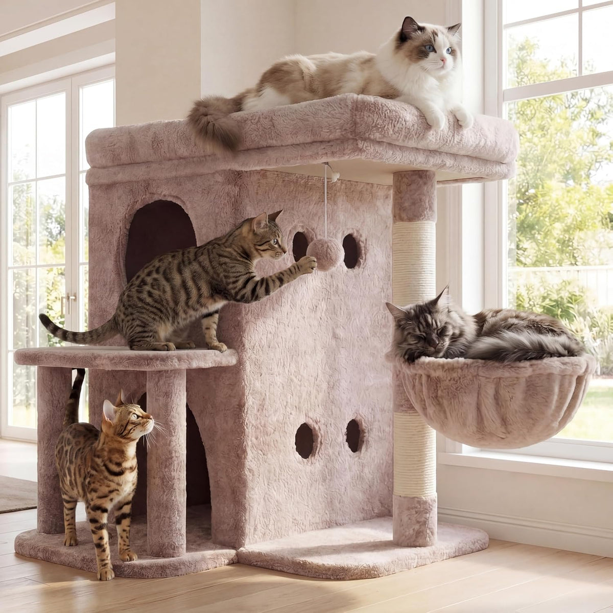Heybly 26.3" Cat Tree for Large Cats with Big Perch & Dual Condos - Rosy Brown / 26.3 inch