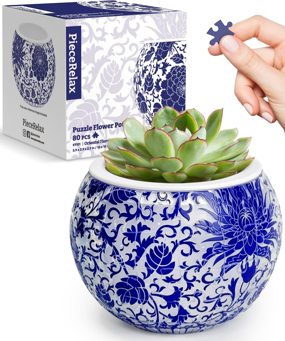 PieceRelax Unique 3D Puzzle Planter, 80 Plastic Pieces [K1101] - Oriental Floral Ornament