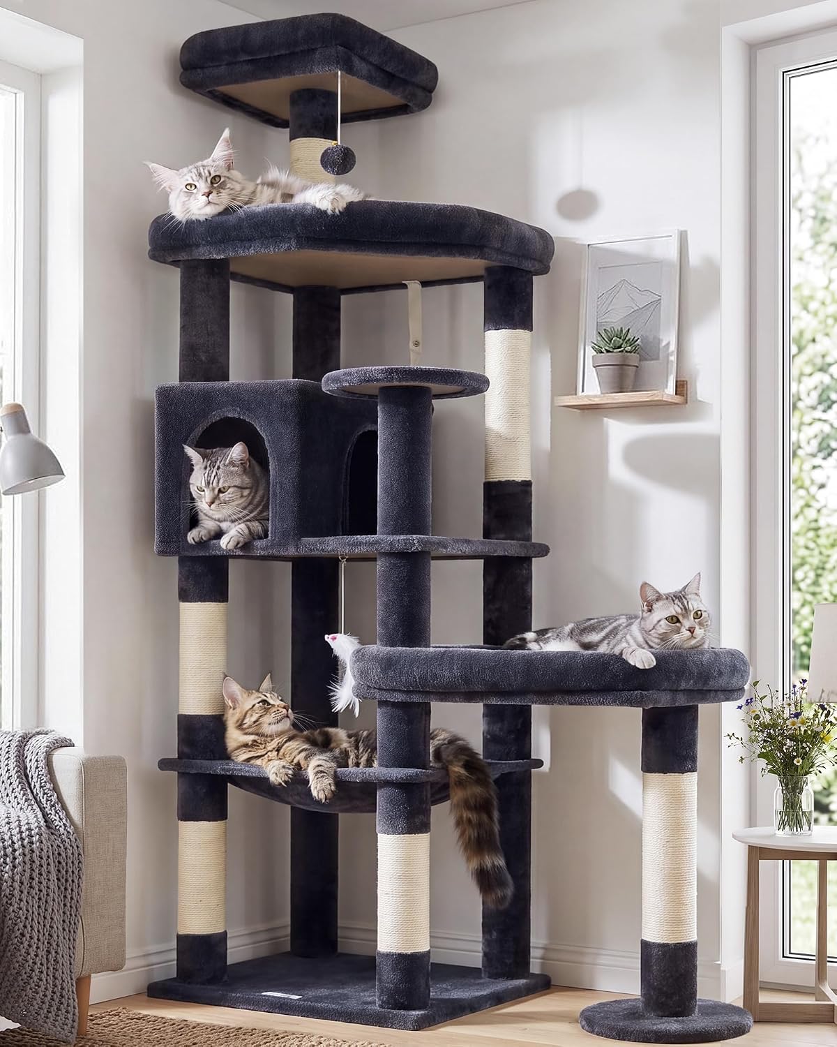 Globlazer 65in Sturdy Cat Tree Tower for Indoor Large Cats, S65 - 65inch / Dark Grey
