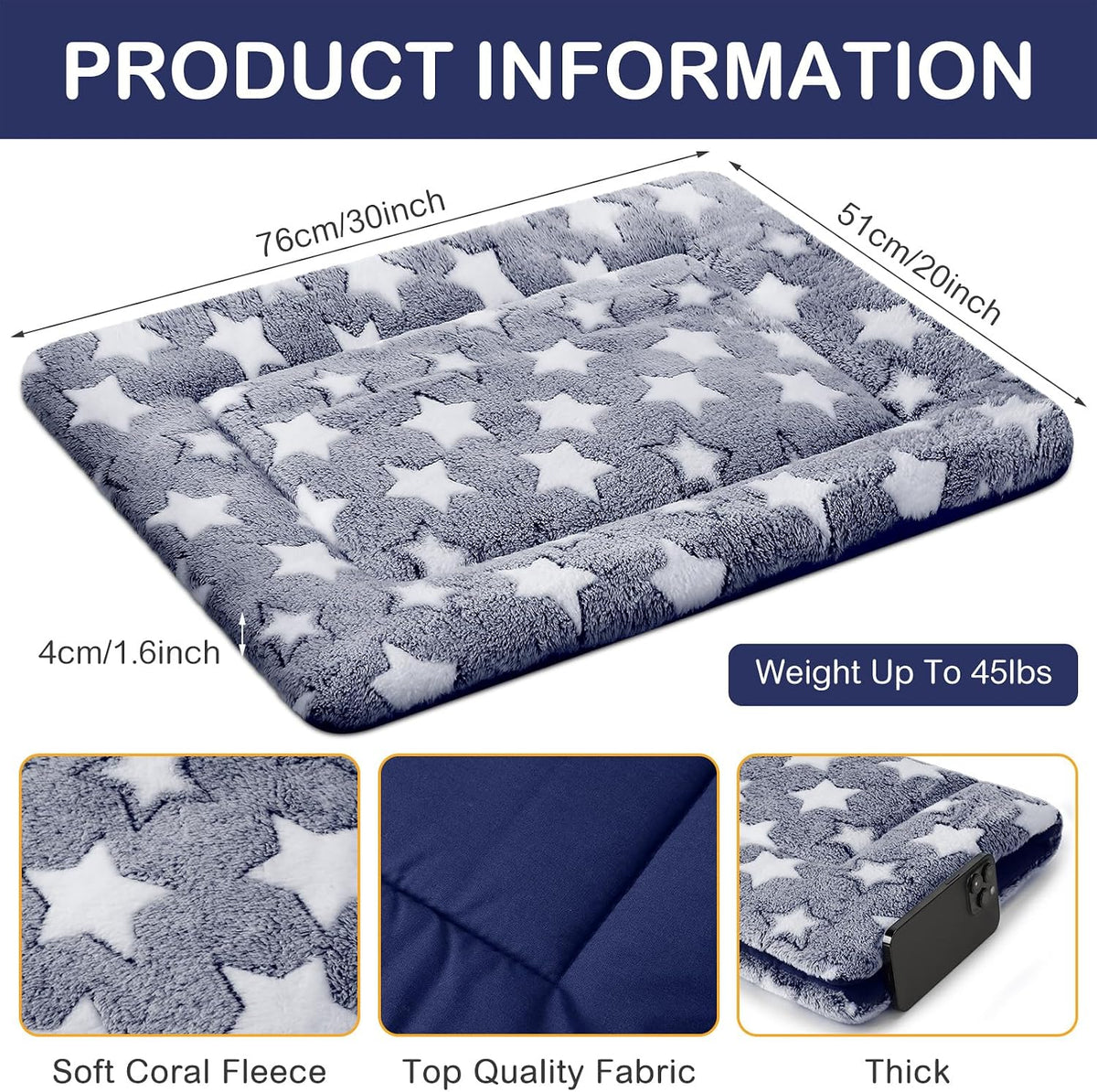 4 Pcs Dog Crate Pads Soft Warm - Rectangular 20 x 30 x 1.6 Inch / Star / Blue - image 2