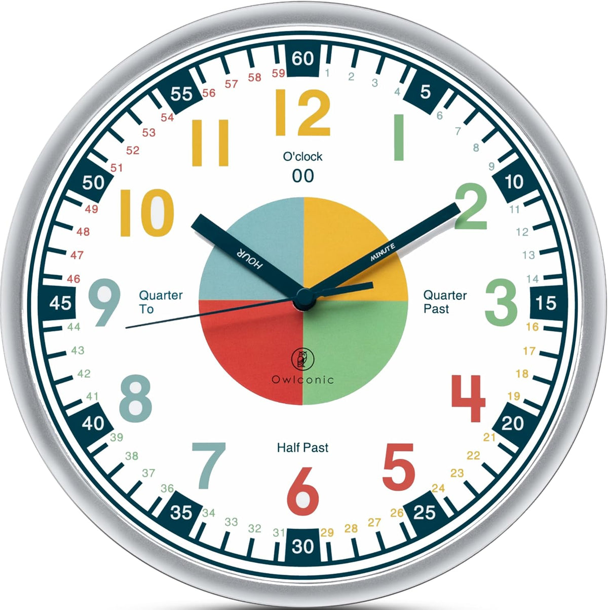 OWLCONIC Kids Teaching Clock, Learning Clock, Silent 10in - Multicolor