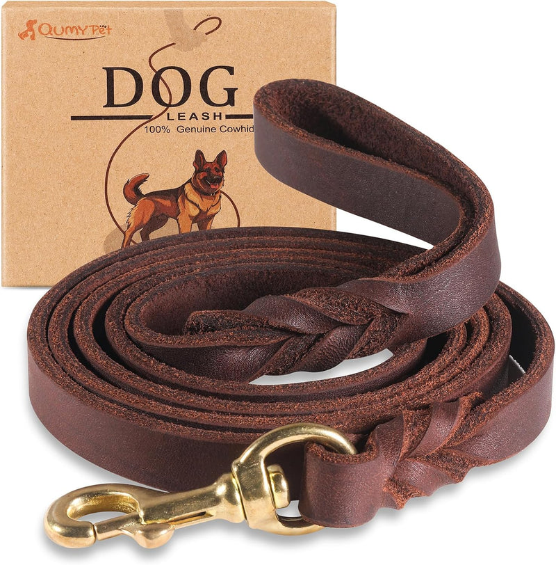QUMY 6ft Leather Dog Leash for Large Medium Dogs Heavy Duty Training - 6FT