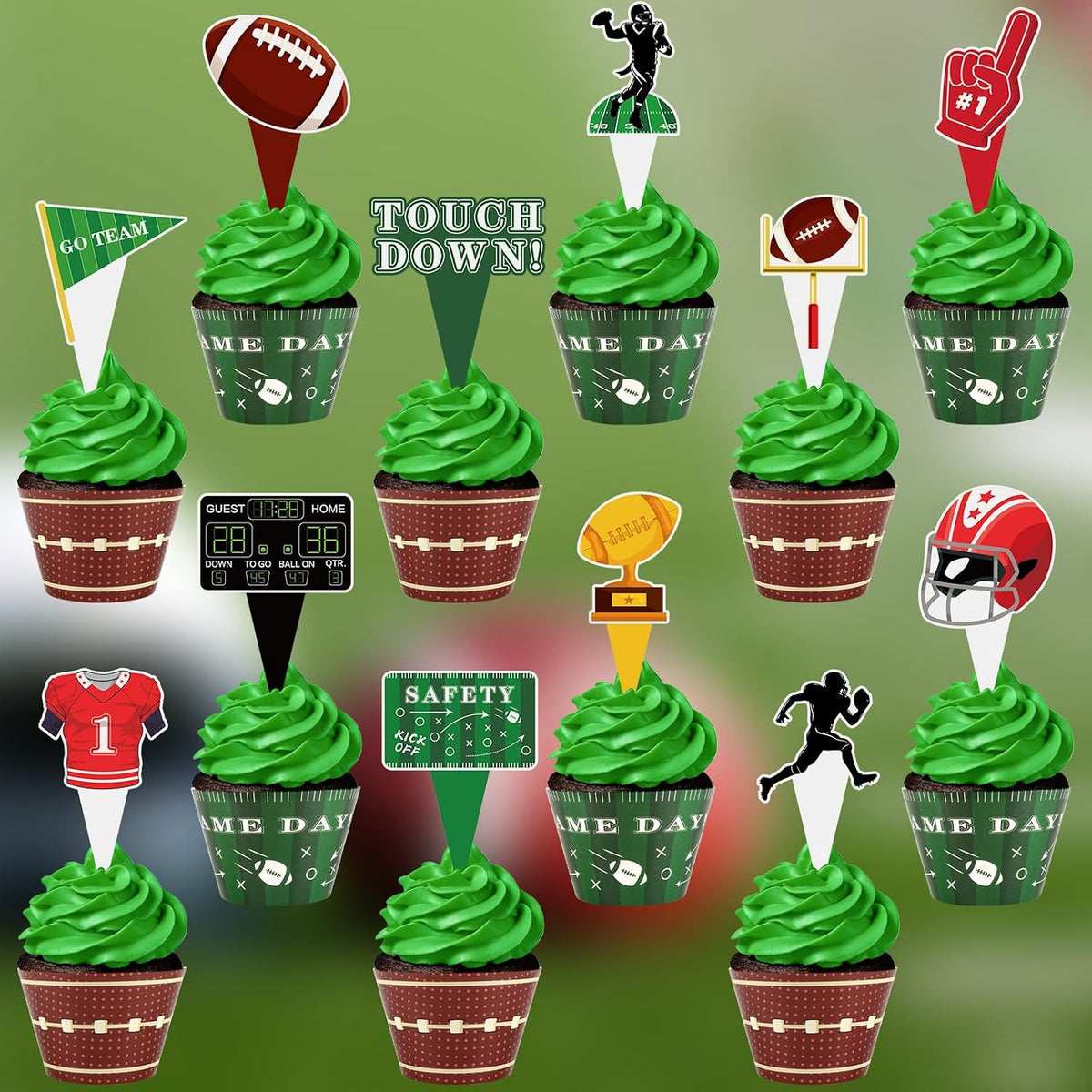 Hxezoc football cupcake toppers and wrappers set with brown and green football designs - view 31
