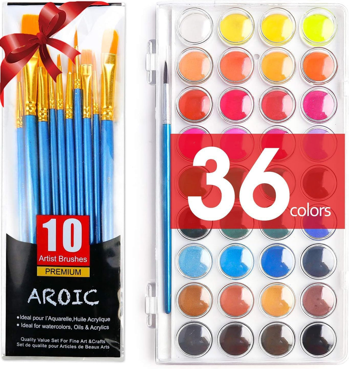 AROIC Watercolor Paint Set - 36 Watercolors + 10 Brushes