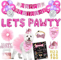 Dog Birthday Party Supplies, Pink Dog Birthday Decorations, Lets Pawty Balloons Banner Hat Bandana Tutu Skirt Outfit for Small Medium Dogs