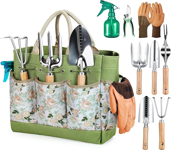 Gardening Tools 9-Piece Heavy Duty Gardening Hand Tools with Fashion and Durable Garden Tools Organizer Handbag,Rust-Proof Garden Tool Set, Ideal Gardening Gifts for Women