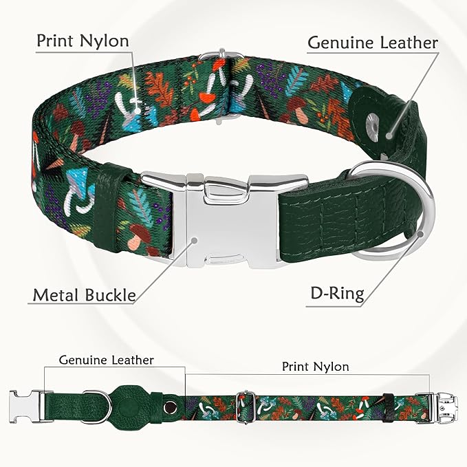 AirTag Dog Collar for Small Medium Large Breed - Adjustable Cute Pattern Dog Collar with Airtag Holder - Soft Leather Tracker GPS Apple Air Tag Pet Collars (Large, 17"-21" Neck Fit, Mushroom)