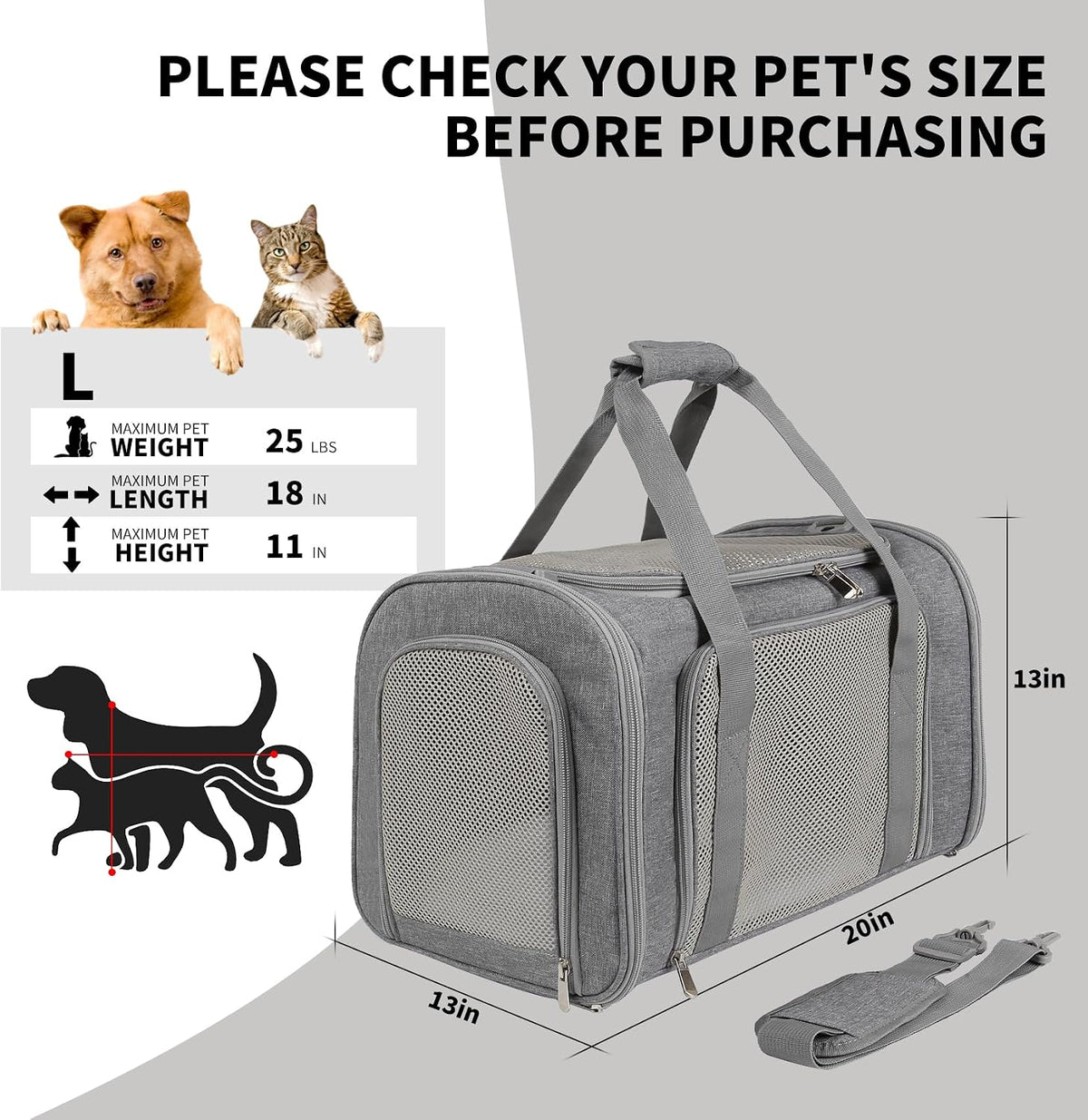 Cat Dog Carriers Soft-Sided - 17.0"L x 11.0"W x 11.0"H / grey - image 2