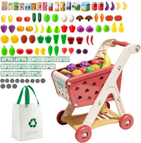 Jovow 102pcs Kids Shopping Cart Trolley Play Set with Pretend Food – Fun for Kids & Family - Red