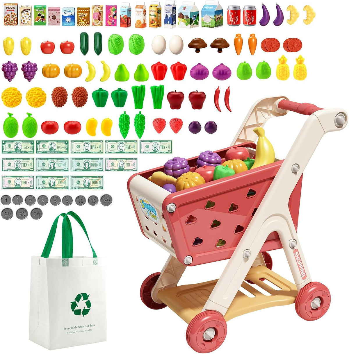 Jovow 102pcs Kids Shopping Cart Trolley Play Set with Pretend Food – Fun for Kids & Family - Red