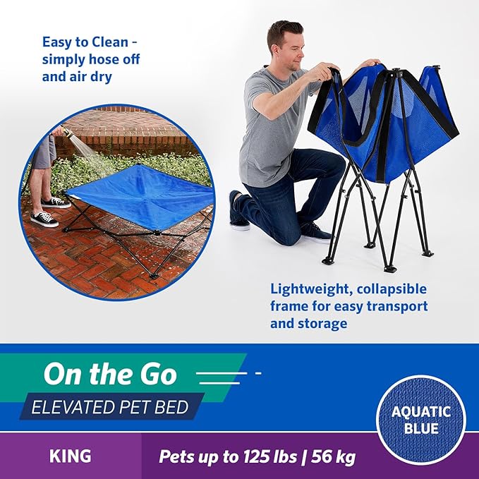 Coolaroo On-The-Go Elevated Dog Bed - Foldable Pop-Up Travel Dog Bed with Breathable, Moisture-Resistant Fabric, Carry Bag Included, Lightweight & Portable, Aquatic Blue, Extra Large