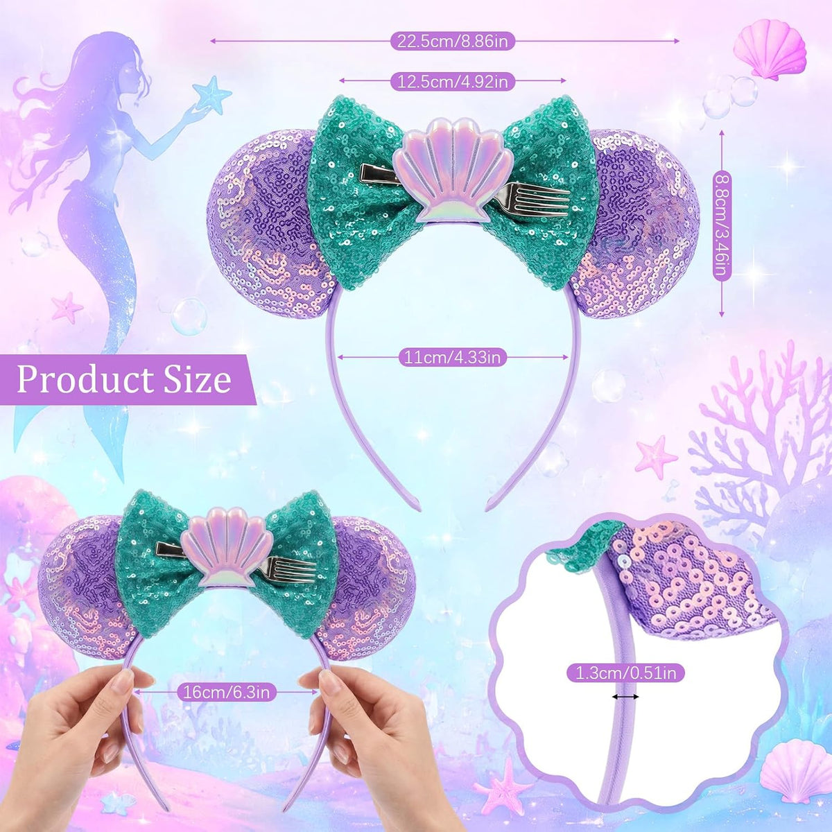 LYLIN Birthday Mouse Ears, Mouse Ears Headband for Women Girls – Fun for Kids & Family - Mermaid Fork Purple - image 3