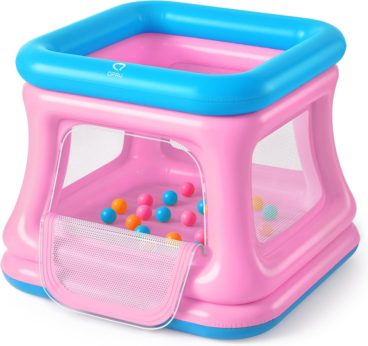 QPAU 3-in-1 Inflatable Bounce House with Pump for Toddlers 1-3 – Fun for Kids & Family - Blue & Pink
