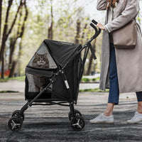 MoNiBloom 4 Wheels Pet Stroller, Easy-Fold Puppy Cage Jogger Stroller with Sun Cover, Pad and Rear Storage Bag, Breathable and Visible Mesh for Small/Medium Pets up to 22 lbs, Black