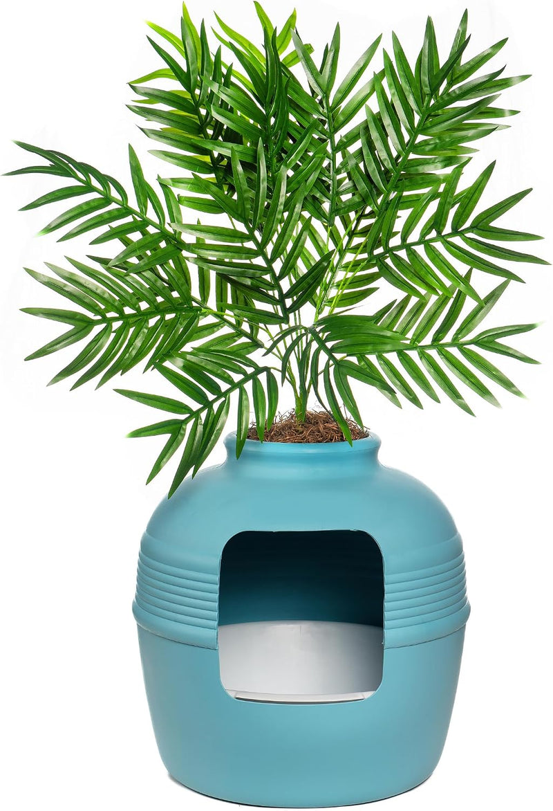 Good Pet Stuff Original Hidden Litter Box Planter - Palm Plant / Essentials Kit / Coastal Blue