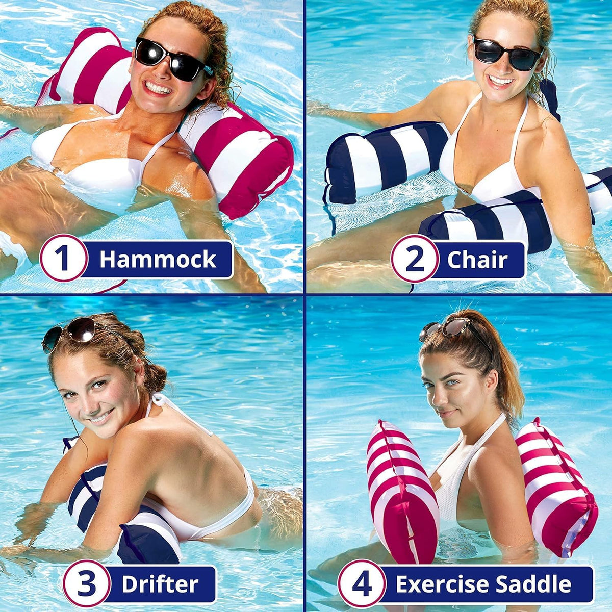 Aqua 4-in-1 Monterey Hammock Pool Float & Water Hammocks - Navy & Burgundy/White Stripe / Monterey Hammock / 2 Pack - image 4