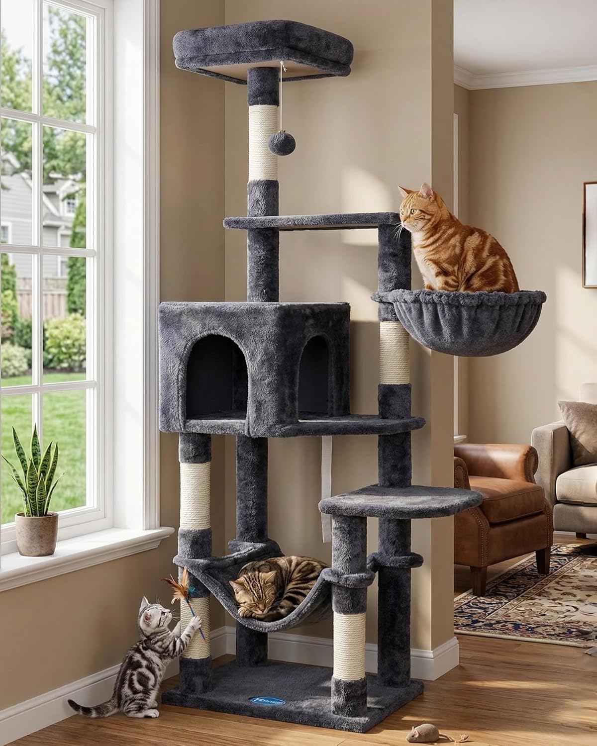 Hey-brother Cat Tree, Multi-Level Sisal Covered Scratching Posts - Smoky Gray / 60.6 Inches