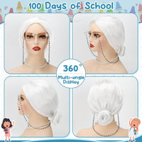 Huskein Old Lady Costume, Old Lady Cosplay Silver Bun Wig Glasses Wig Cap Pearl Necklace Bracelet - White-bun - image 3