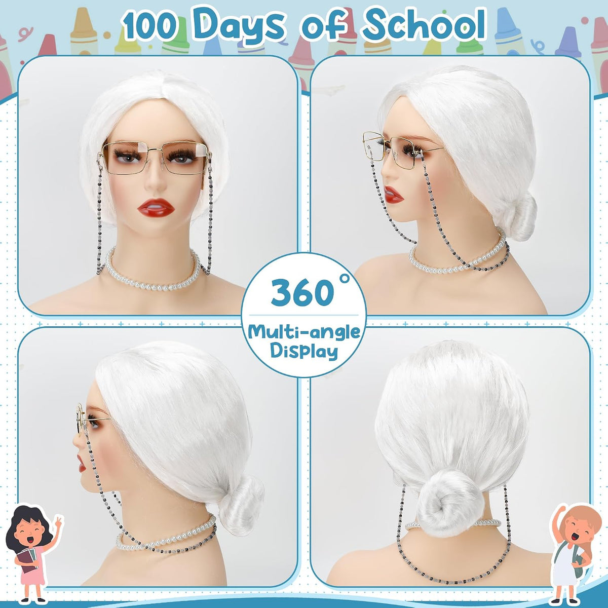 Huskein Old Lady Costume, Old Lady Cosplay Silver Bun Wig Glasses Wig Cap Pearl Necklace Bracelet - White-bun - image 3