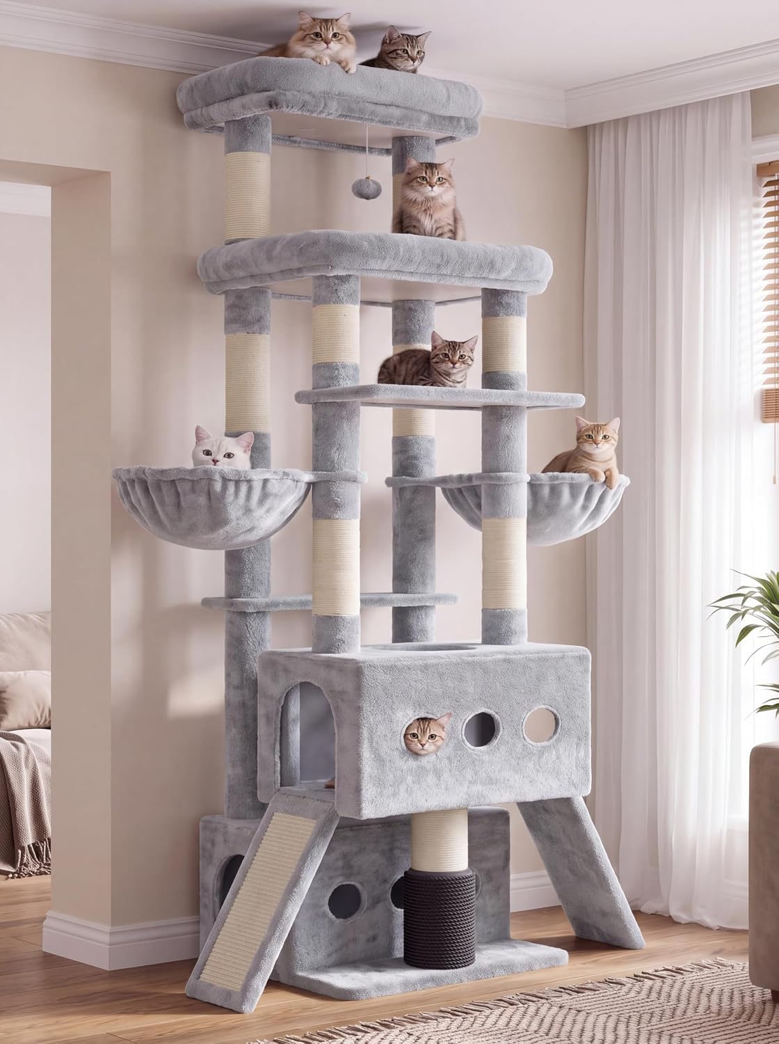 Hey-brother Cat Tree Tower with Large Platform, Spacious Condo - Light Gray / 71.5 Inches