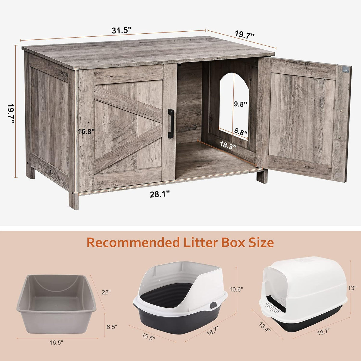 31.5" L Cat Litter Box Enclosure with Barn Door - 31.5"L / Greige - image 3
