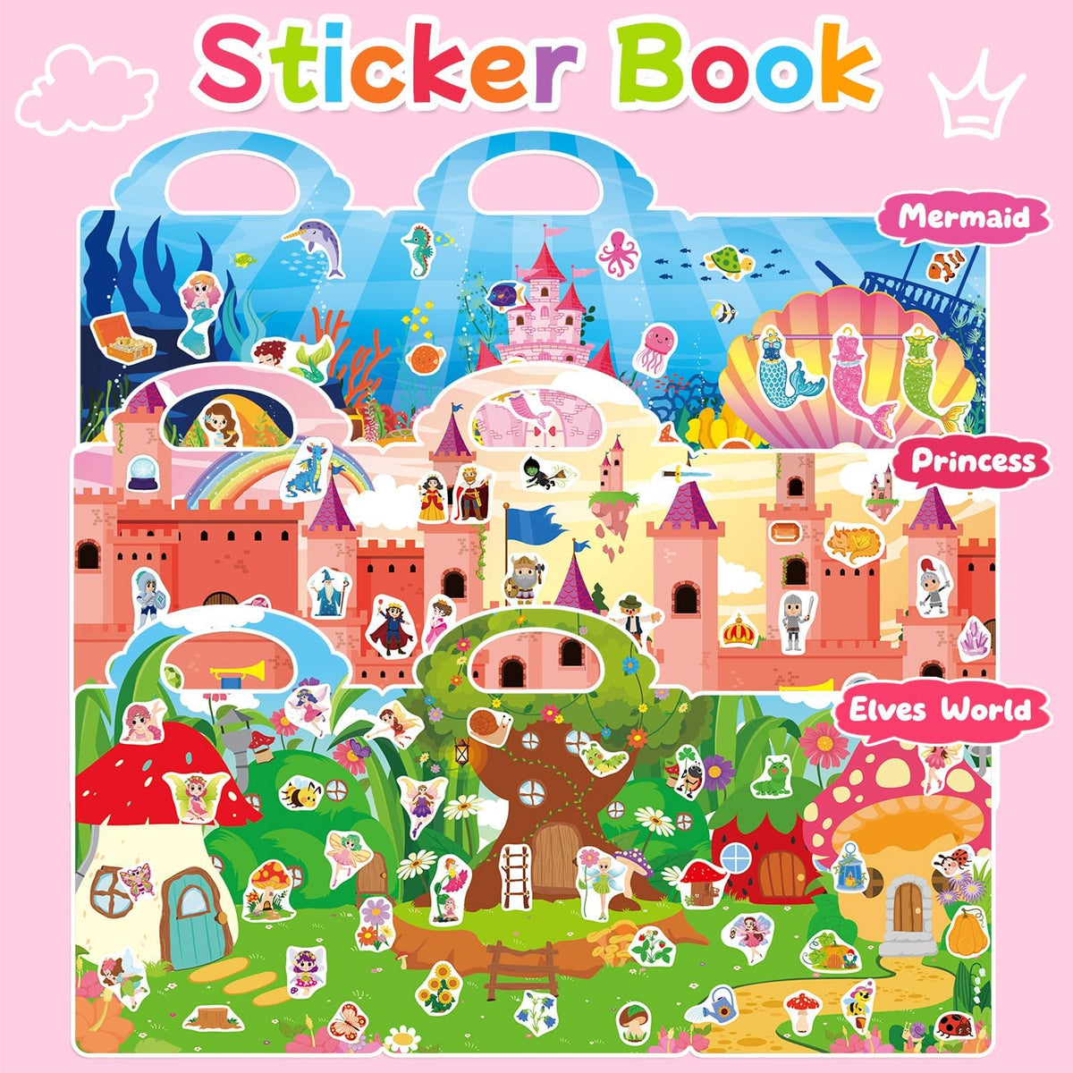 6 Sets Reusable Sticker Book for Toddlers 3-6 - Princess+Mermaid+Elves World - image 2