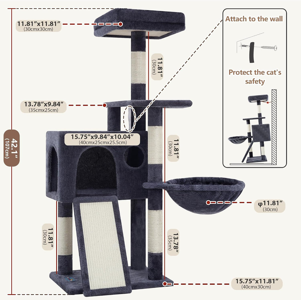 Cat Tree Tower 42'' with Condo, Indoor Scratching Post GCT005SG – Essentials for Cats - Dark gray / 42 inch - image 4