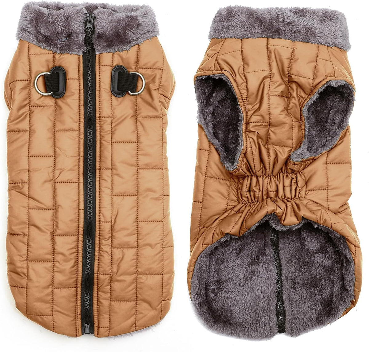 Fleece Dog Jacket for Small Dogs, Puppy Coat with Harness - Khaki / XXX-Large