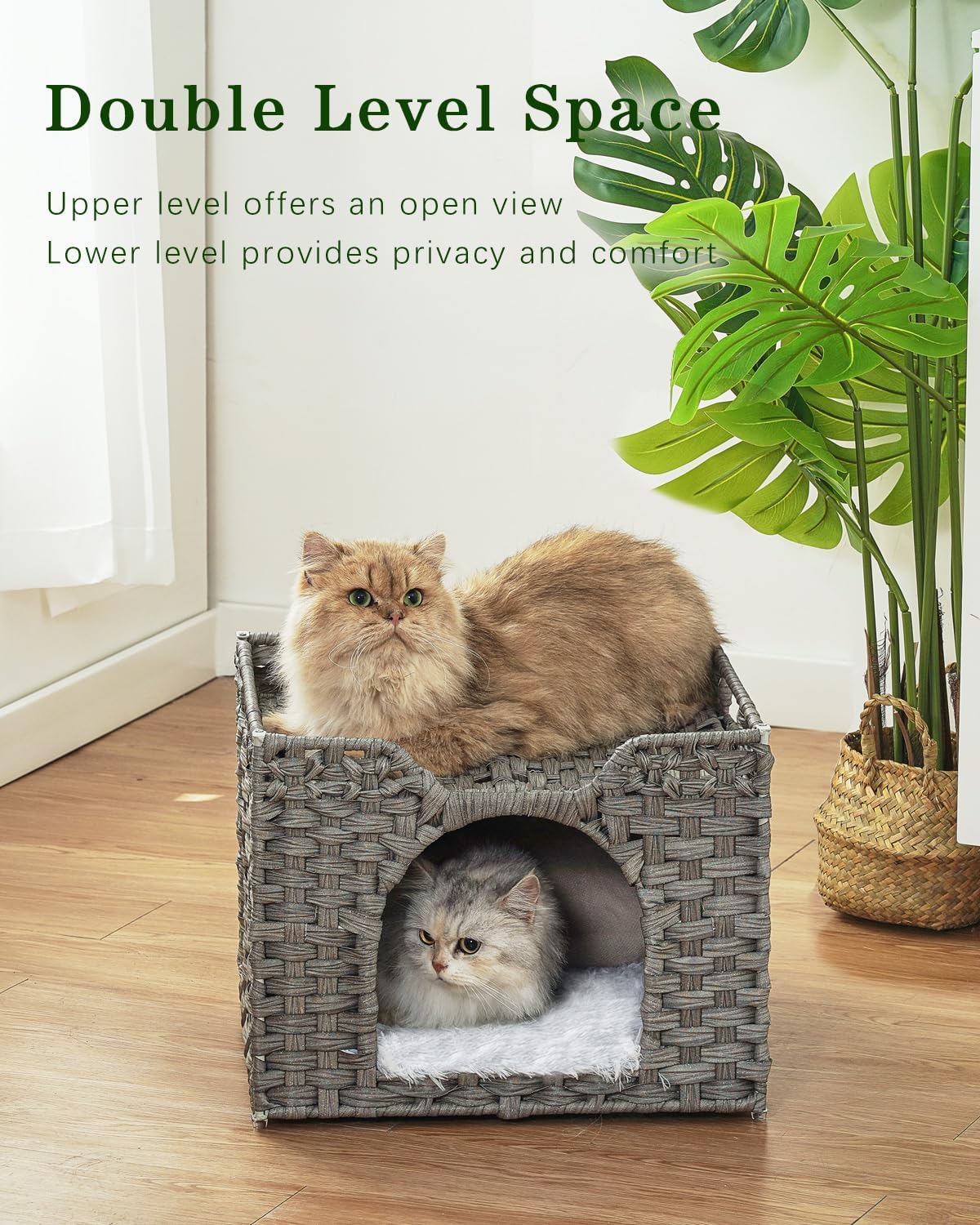 Cat Beds Indoor Kitten House, PE Rattan Cat Cave - Gray / Rectangle-M - image 2