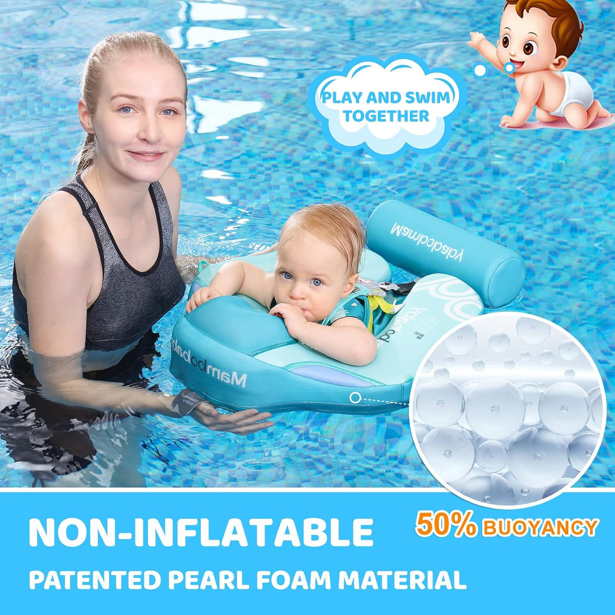 Mambobaby Baby Float with Canopy & Tail Non-Inflatable Baby Swim - GREEN - image 2