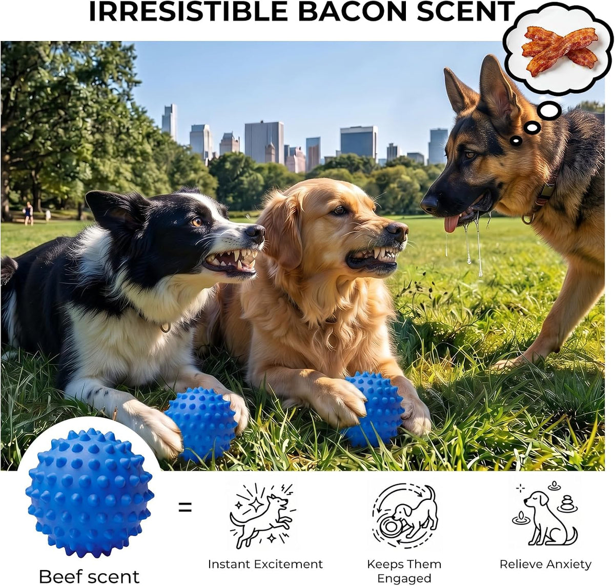 3.5''Durable Squeaky Dog Ball for 25-80lbs Aggressive Chewers – Essentials for Dogs - 2 PC-Bacon-Blue - image 3