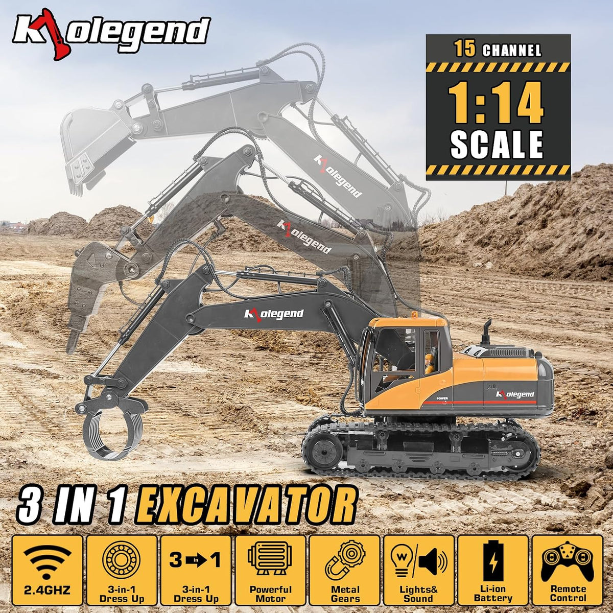 kolegend 3 in 1 Remote Control Excavator Toy 14 Channel RC Excavator - Medium - image 2