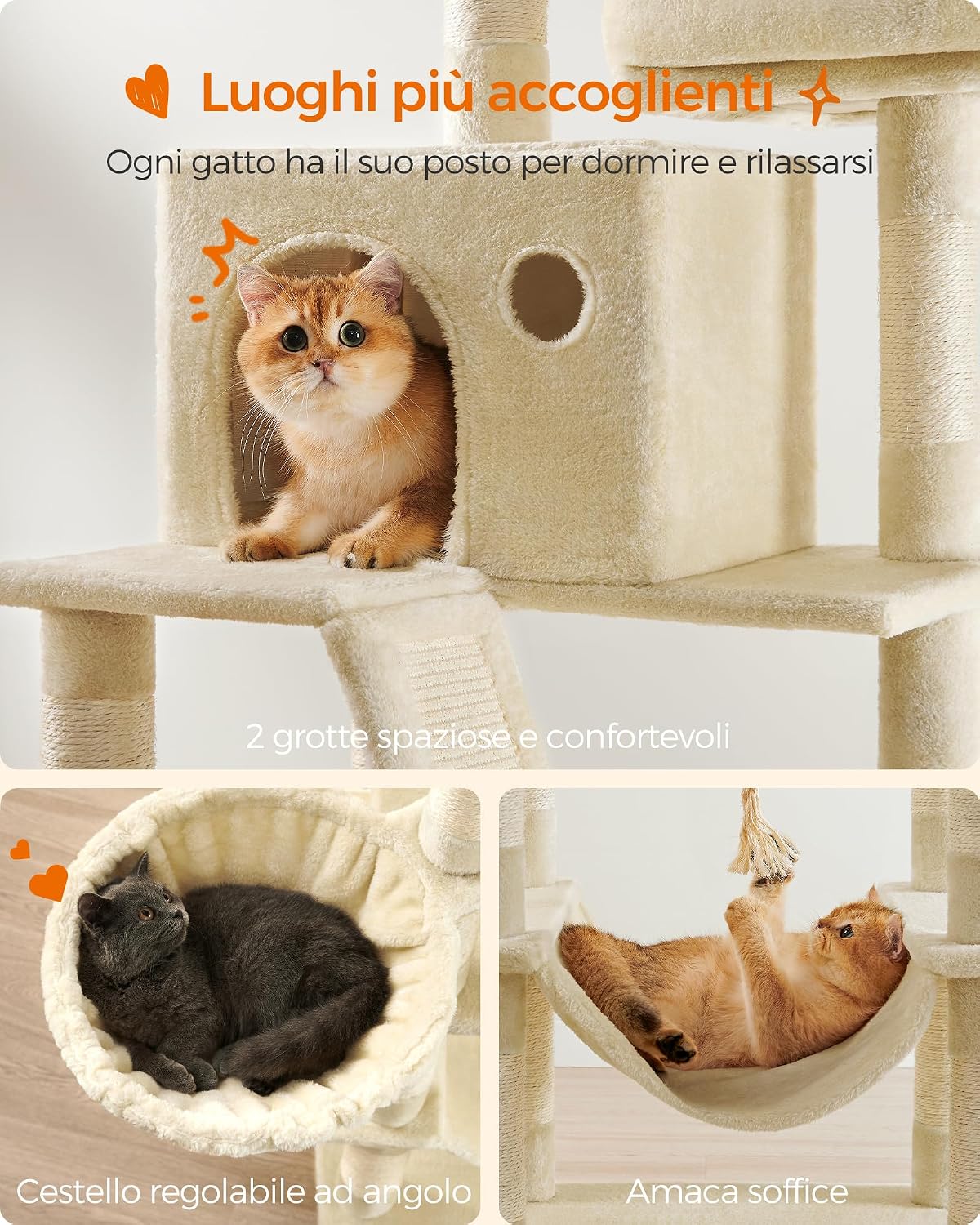 Feandrea Cat Tree, Multi-Level Condo - Beige / XXL (23.6"L x 19.7"W x 81.1"H) - image 4