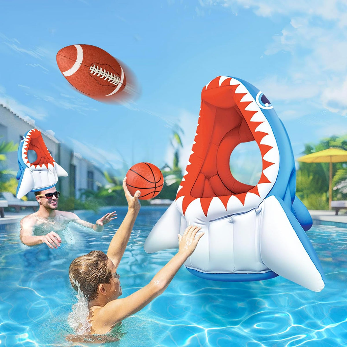 iPlay, iLearn kids shark pool toy, inflatable 3-in-1 floating game with basketballs and toss balls