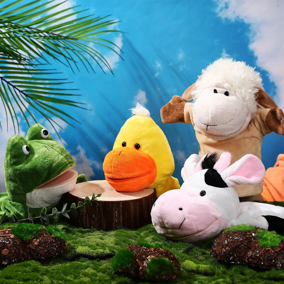 Roundfunny animal hand puppets set of 4: cow, frog, duck and sheep with movable mouths - view 11