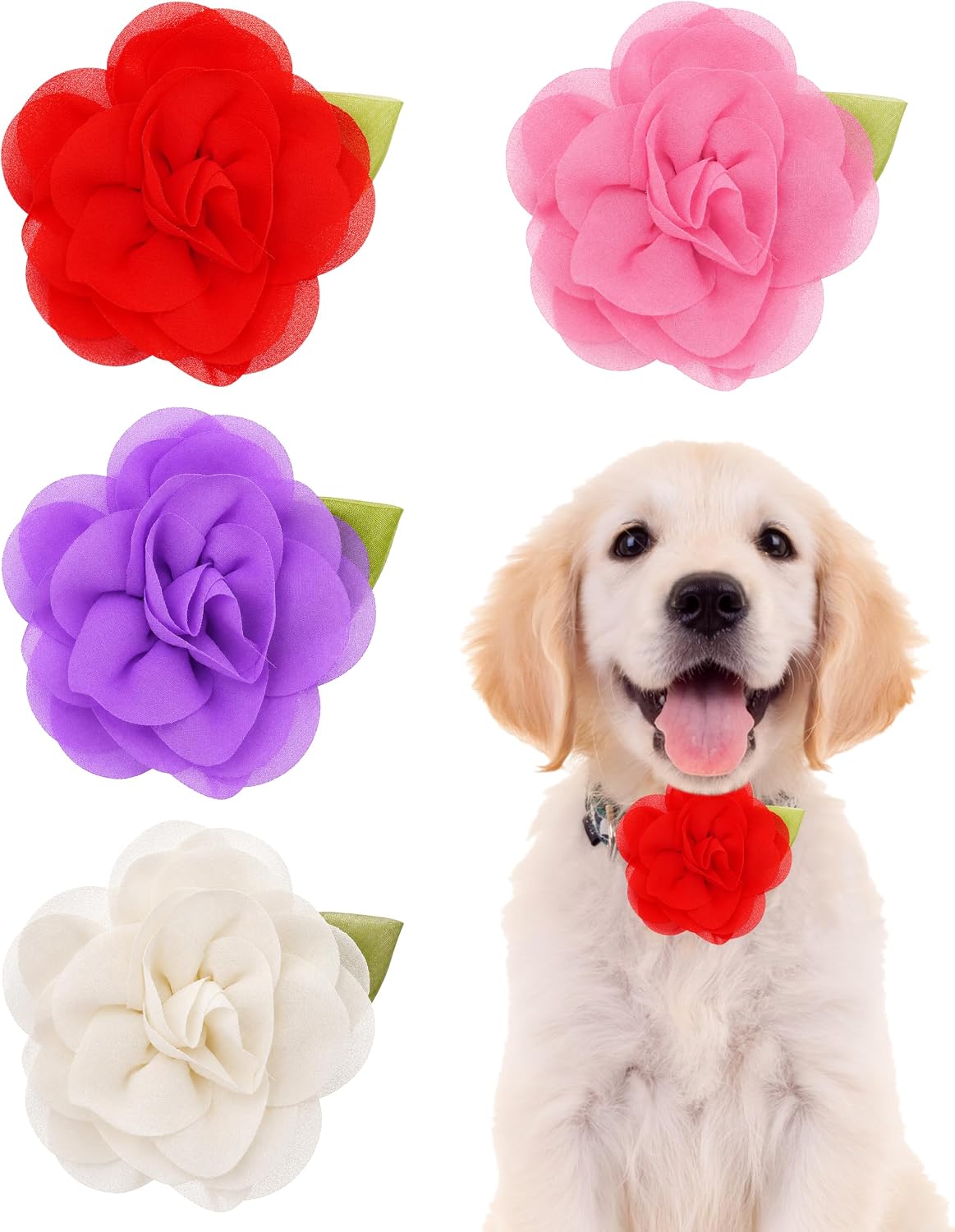 PET SHOW 4 Pack Small Dog Bows Sliding on Collar Attachment – Essentials for Dogs - Red, Pink, Purple, White