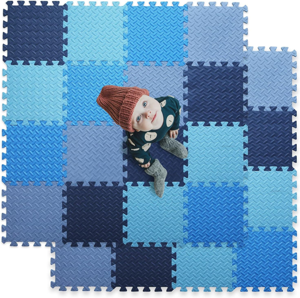 16 Tiles Foam Play Mat, Soft & Safe EVA Foam Mats for Floor - Dark Blue/Gray Blue/Light Blue/Blue