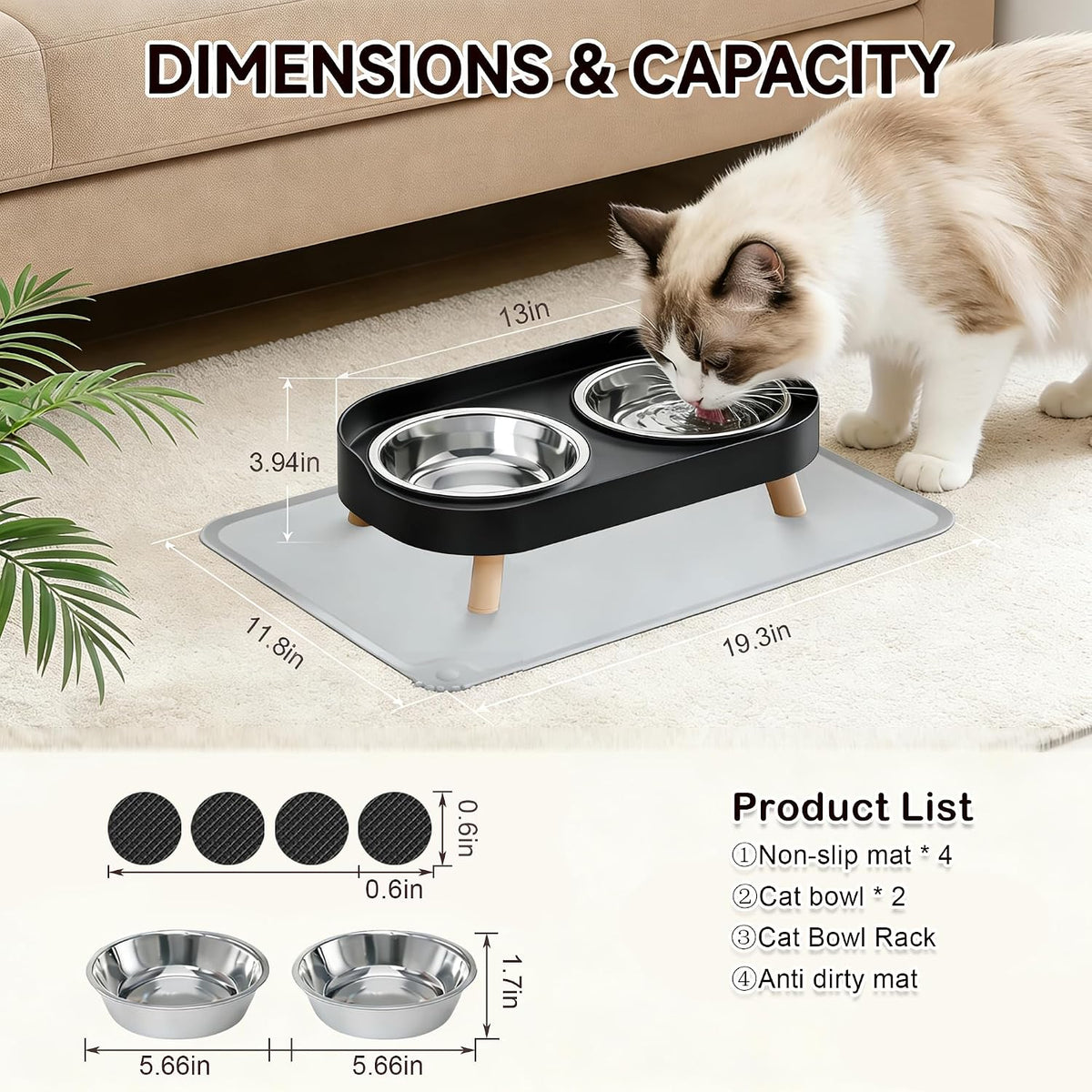 Elevated Cat Bowls with Food Mat - Black - image 4