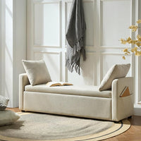 HULALA HOME Modern Storage Ottoman Bench with Throw Pillows, 59" Extra Long End of Bed Bench with Storage Pocket, Comfy Upholstered Footstool for Bedroom Entryway Living Room, Ivory