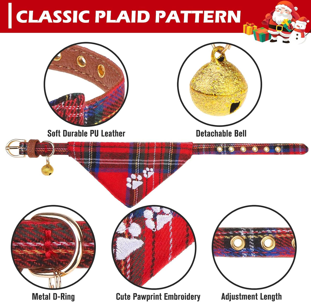 Dog Collar and Leash Set - Embroidery Floral Dog Bow Tie and Bandana Collar with Bell, Cute Flower - Tartan / Small - image 4