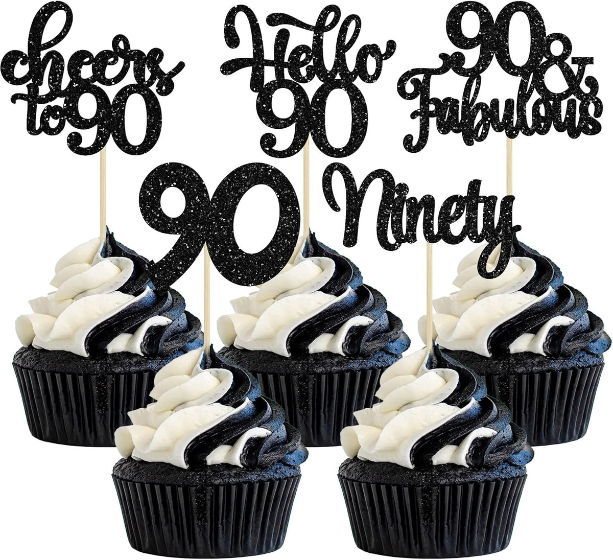 30pcs 16th Birthday Cupcake Toppers - 90th / Black
