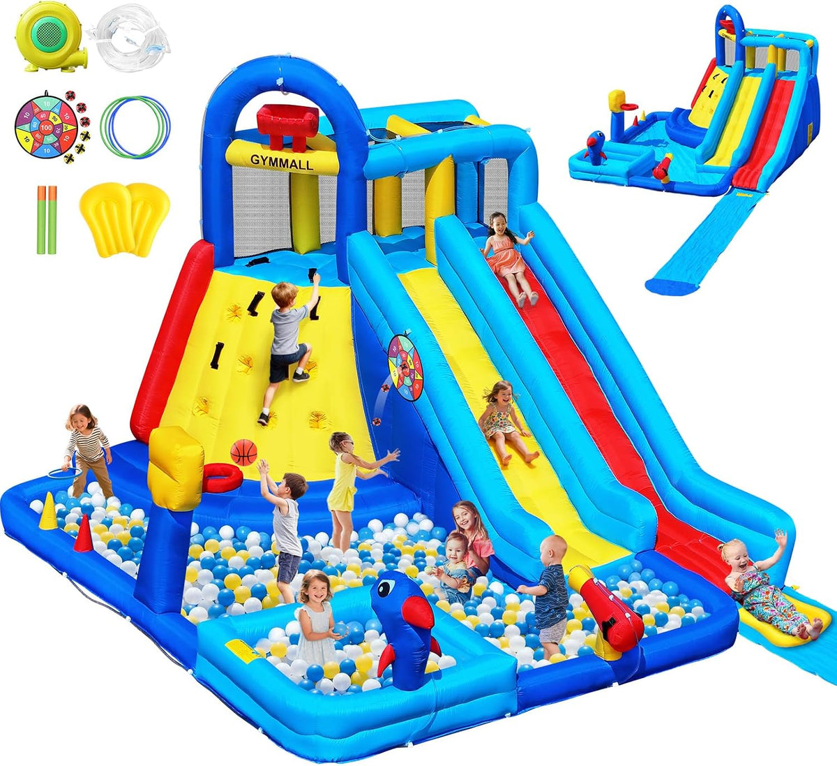 GYMMALL white inflatable bounce house for kids with slide, ball pit and mesh walls - view 2