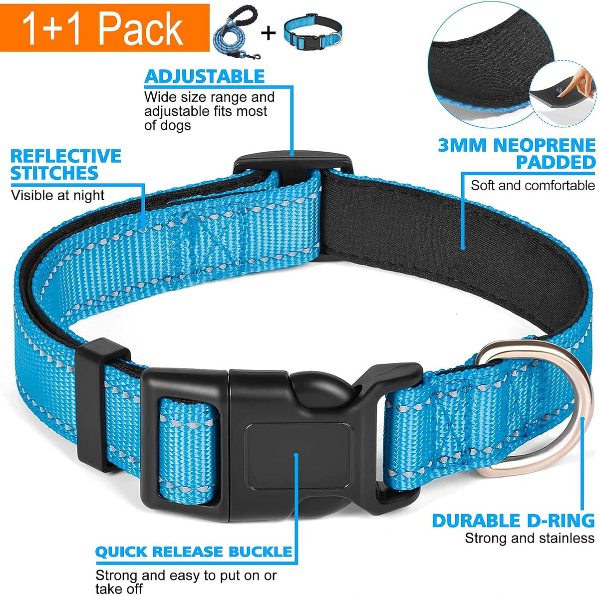 Ladoogo Reflective Dog Collar Padded with Soft Neoprene - Blue / Small - image 3