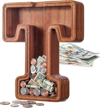 KMC wooden letter piggy bank, oak initial coin bank with clear plexiglass front - view 2