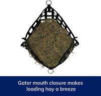 SmartEquine Slow Feed Hay Bag for Horses | Hay Feeder Net with Resistant Nylon | Gator Mouth Enclosure for Easy Loading | Fits 10-15 lbs of Hay | 4 Flakes Bag | 37" x 30" | Black | 1.5" Holes