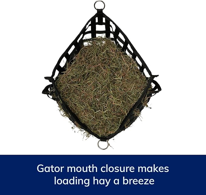 SmartEquine Slow Feed Hay Bag for Horses | Hay Feeder Net with Resistant Nylon | Gator Mouth Enclosure for Easy Loading | 2 Flakes Bag | 31" x 24.5" | Black | 2" Holes
